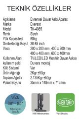 Tv Duvar Askı Aparatı 40''-85'' Vesa Kilitli sistem 300x300-400x400-600x400 Max 50kg (640mm) Tk-4085..