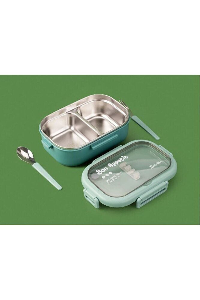 TANTİTONİ YEŞİL PASLANMAZ ÇELİK DİKDÖRTGEN ÇATAL VE KAŞIKLI YEMEK TAŞIMA KABI 850ML