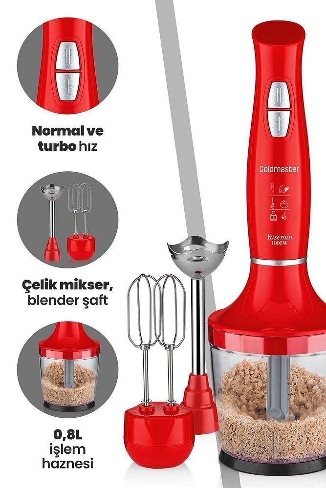 Yasemin 1000 Watt Sessiz Hız Ayarlı 3 In 1 Doğrama Karıştırma Blender Seti Kırmızı