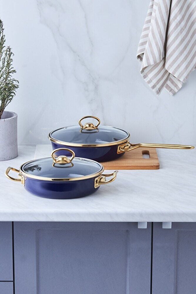 Piraye 2'Li Kapaklı Emaye Tava Sahan Seti Lacivert