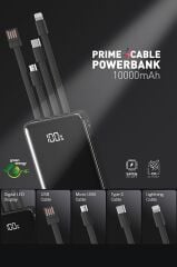 10.000 Mah Prime Dijital Göstergeli Dahili Çoklu Kablolu Powerbank,siyah,taşınabilir Şarj Cihazı