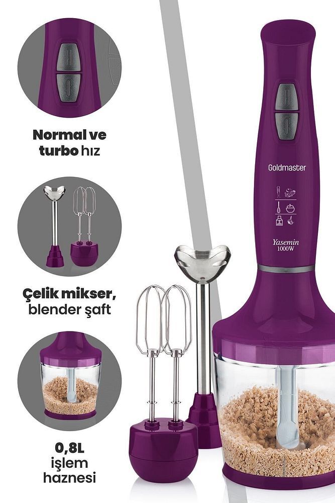 Yasemin 1000 Watt Sessiz Hız Ayarlı 3 In 1 Doğrama Karıştırma Blender Seti Mor