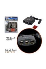 Çakmak Çogaltıcı Soket Kablolu 3 Lü 2 Usb 120w 12v/24v